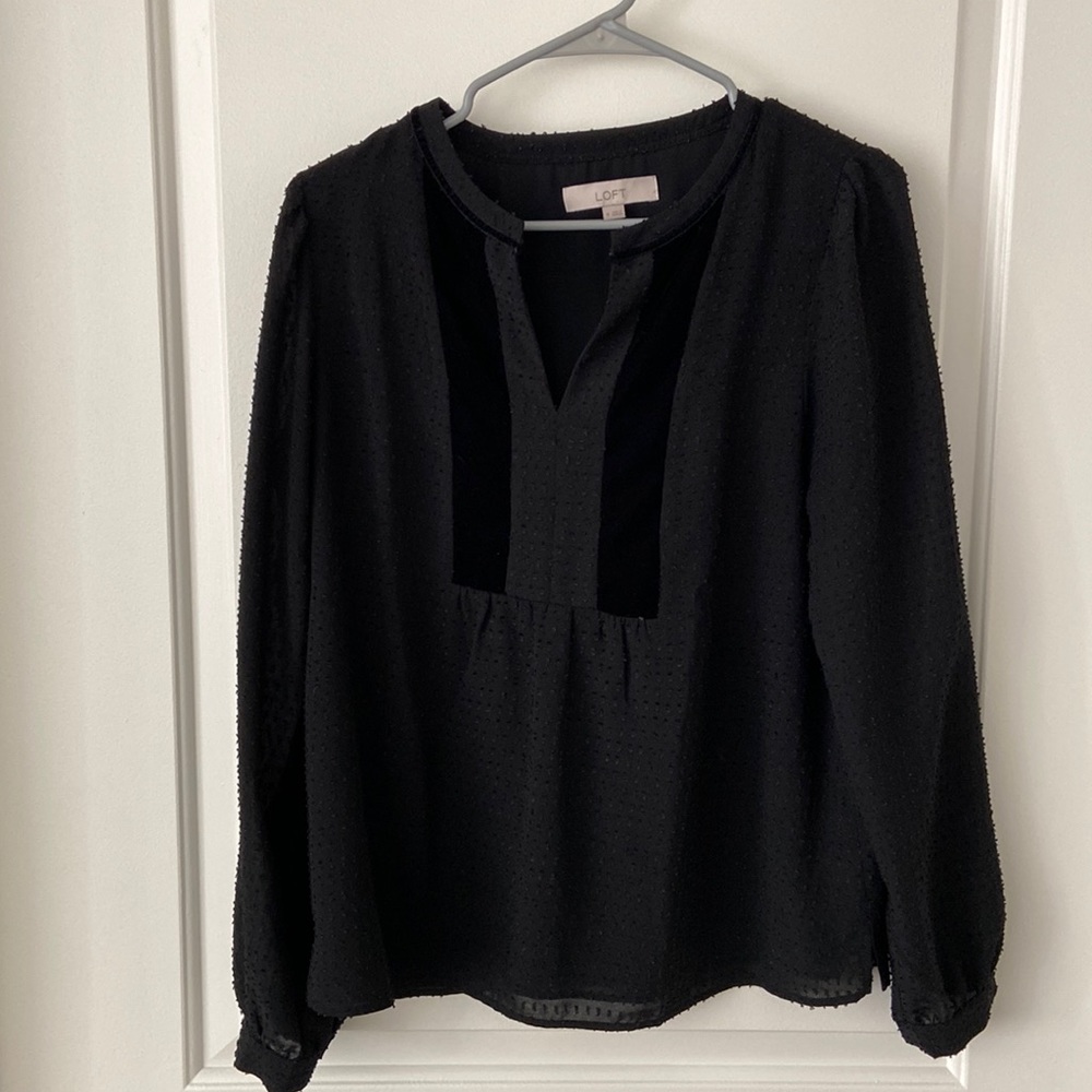 Loft Black Swiss Dot Long Sleeve Top with Velvet Accents